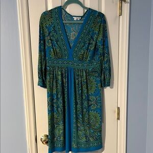 London Times Blue and Green V-Neck Sundress
